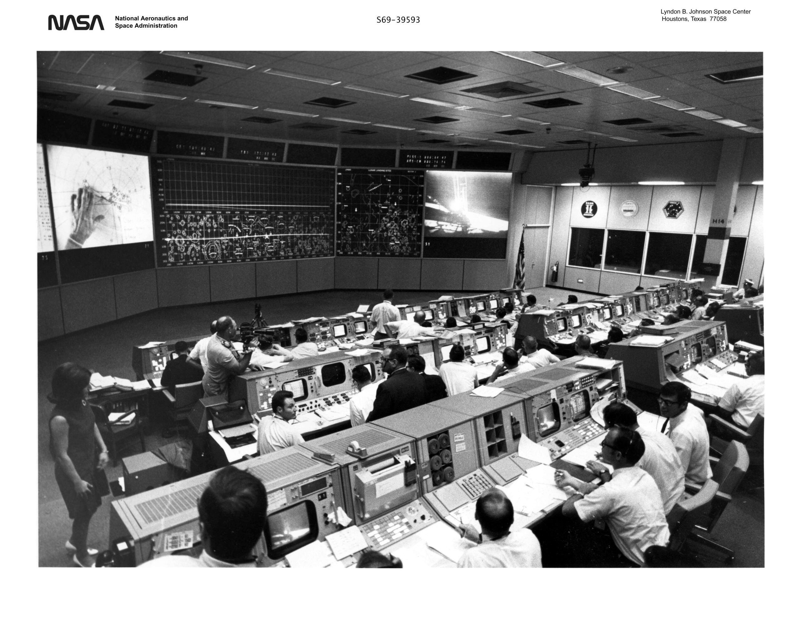Black and White photo from NASA of the control room, used by Mission Control as the main identity image