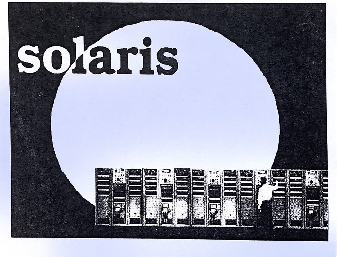 Solaris: black flyer with light blue full moon in background and cityscape in foreground at bottom right corner